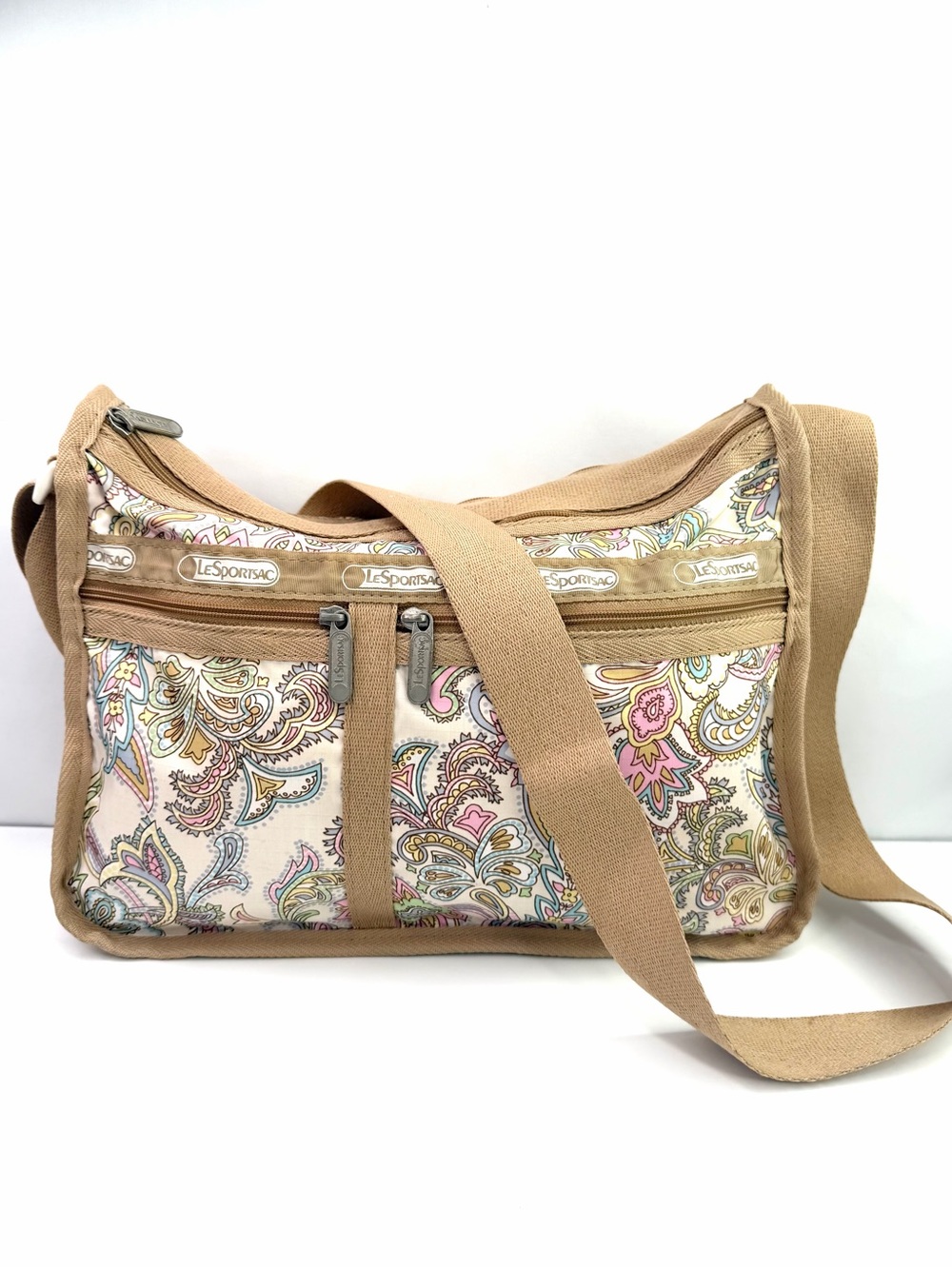 LeSportsac Tan Pink Paisley Deluxe Everyday Floral Print Crossbody Bag
